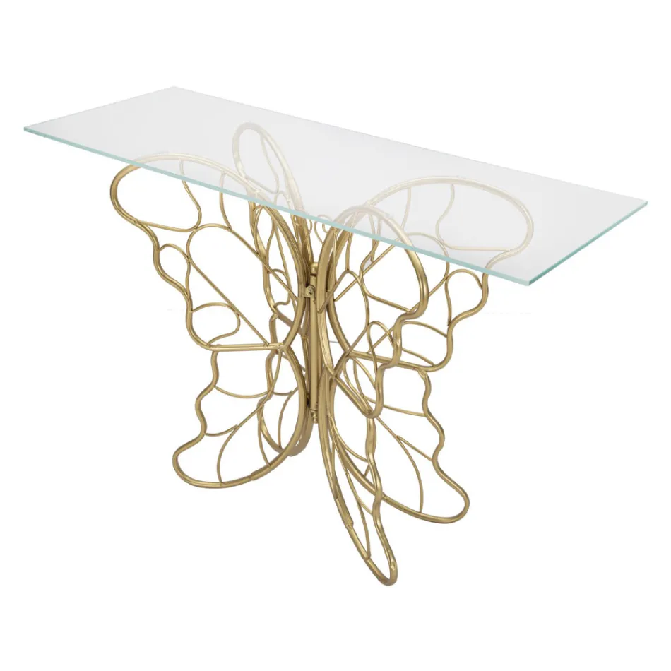 Consolă din fier finit auriu cu blat din sticlă transparentă - Farella Viadurini