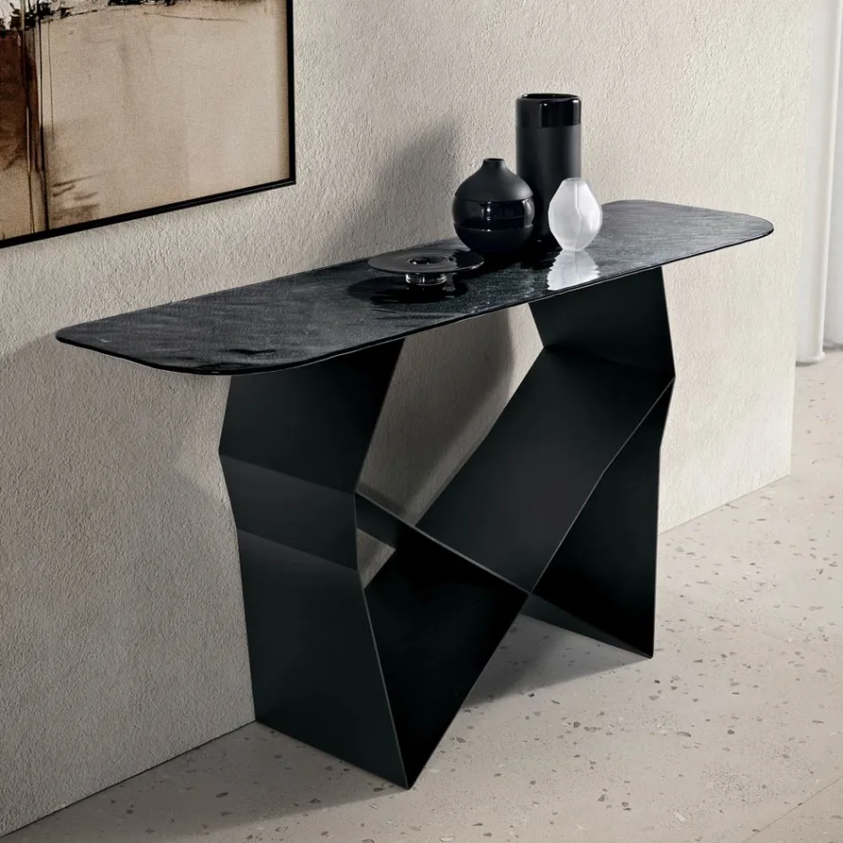 Masă consolă din metal și blat din sticlă ciocănită cu spate - finisaj argintiu - Concordia Viadurini