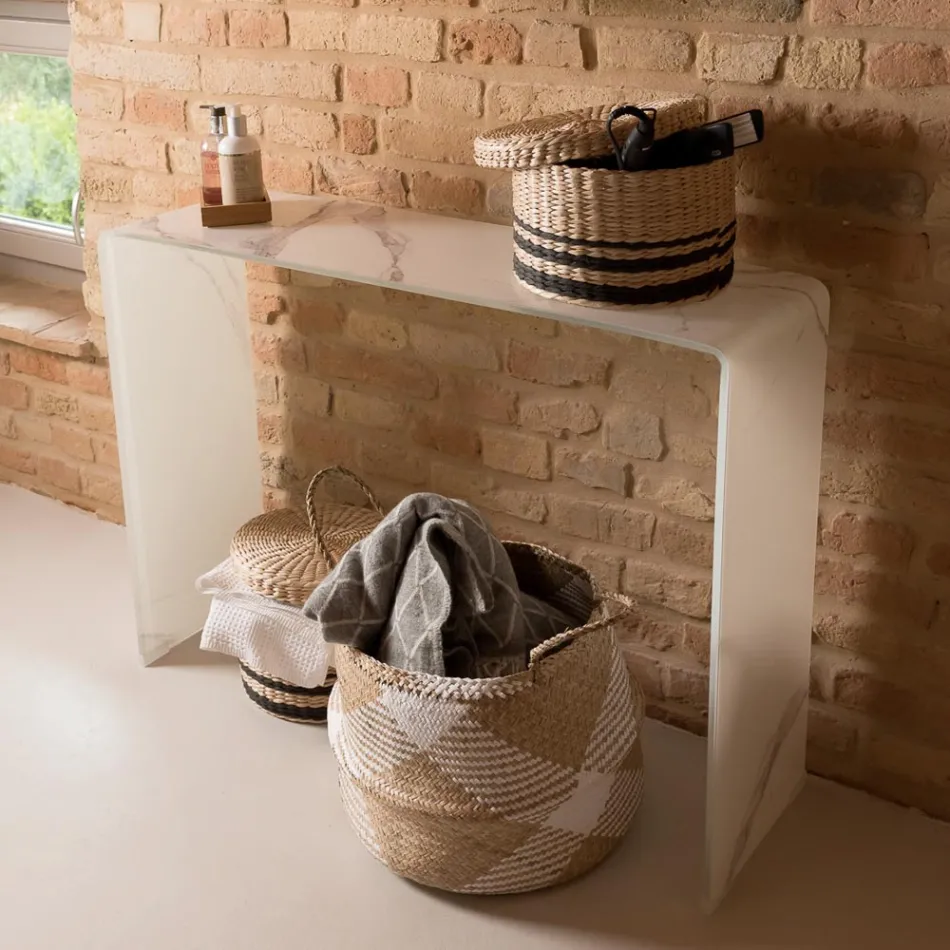 Masă consolă din sticlă curbată securizată de 10 mm cu efect de marmură - Agordo Viadurini