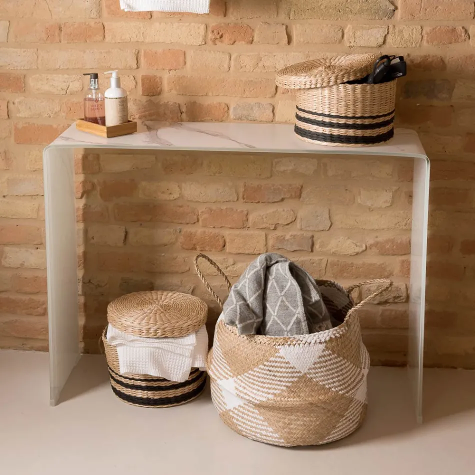 Masă consolă din sticlă curbată securizată de 10 mm cu efect de marmură - Agordo Viadurini