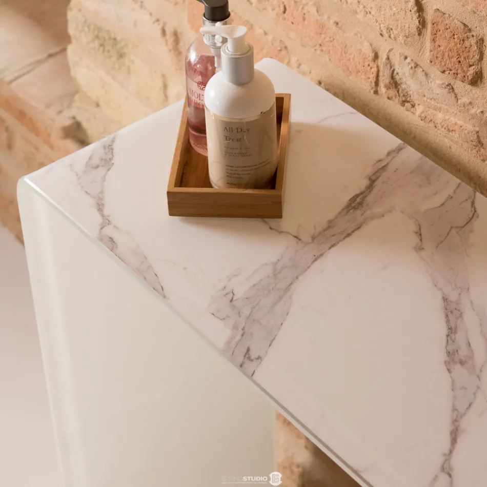 Masă consolă din sticlă curbată securizată de 10 mm cu efect de marmură - Agordo Viadurini