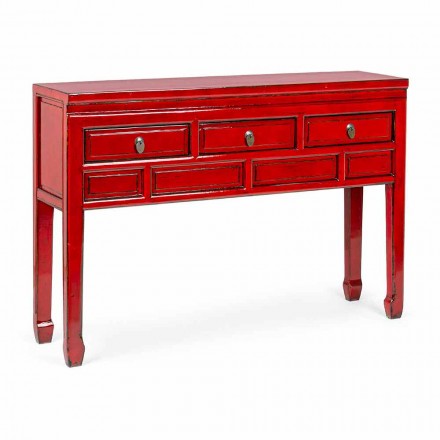 Consolă roșie din lemn de ulm cu 3 sertare Design Homemotion - Sonten Viadurini