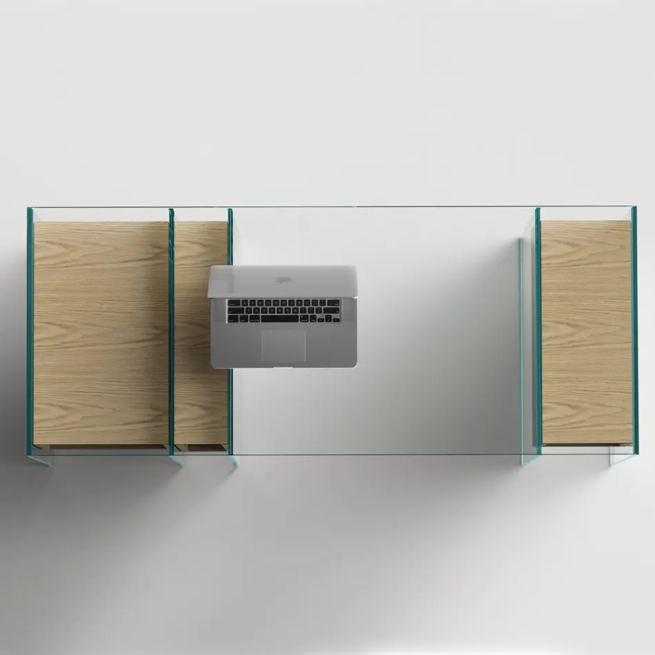 Birou consolă din sticlă extraclară și lemn Made in Italy - Damiano Viadurini