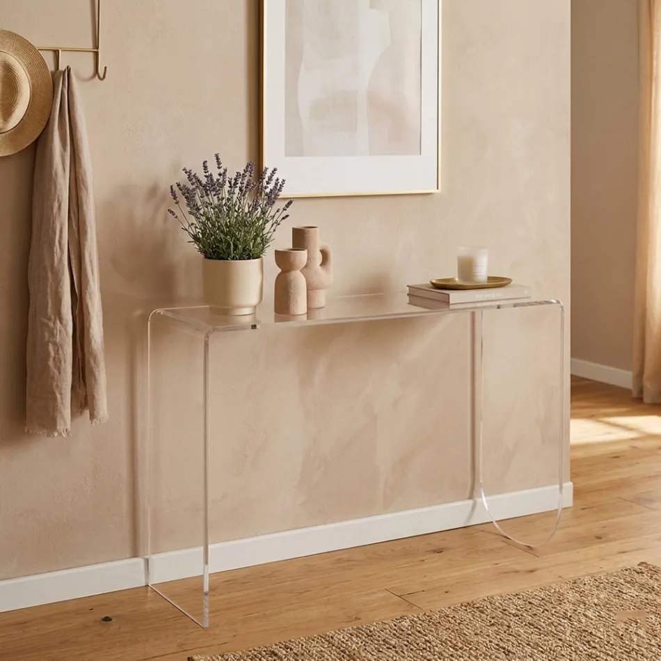 Masă consolă Alarico din plexiglas transparent cu design modern, fabricată în Italia Viadurini