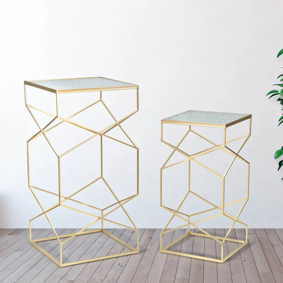 Pereche de Mese Telefon Patrate din Fier Auriu si Blat din Sticla - Pope Viadurini