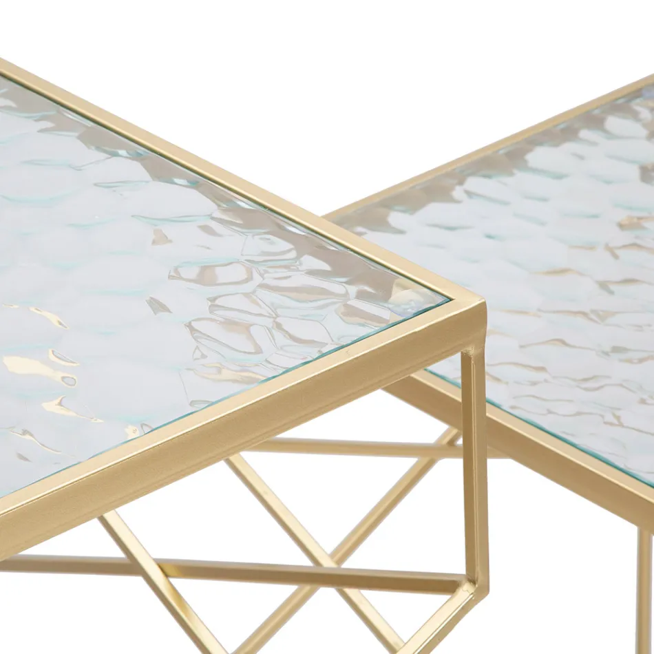 Pereche de Mese Telefon Patrate din Fier Auriu si Blat din Sticla - Pope Viadurini