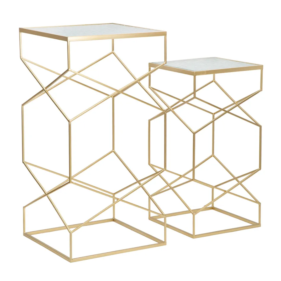 Pereche de Mese Telefon Patrate din Fier Auriu si Blat din Sticla - Pope Viadurini