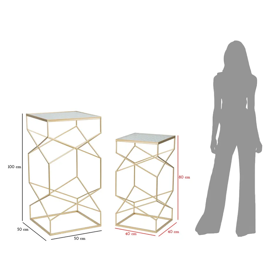 Pereche de Mese Telefon Patrate din Fier Auriu si Blat din Sticla - Pope Viadurini