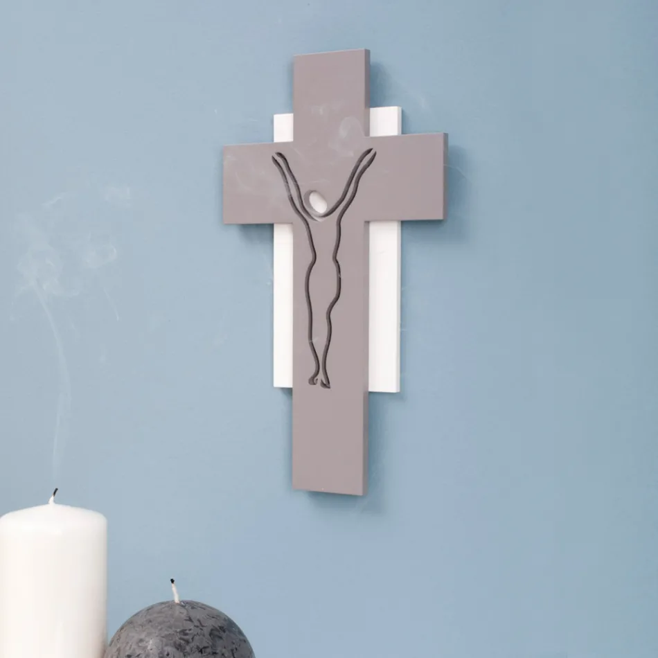 Crucifix alb și gri Realizat cu gravură laser Made in Italy - Nadia Viadurini