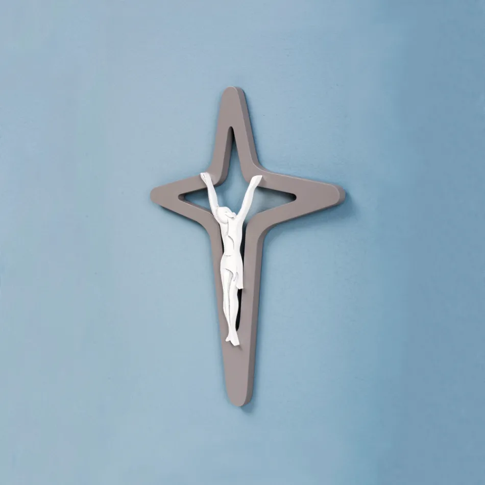 Crucifix Christo alb și gri gravat cu laser Made in Italy - Teresa Viadurini