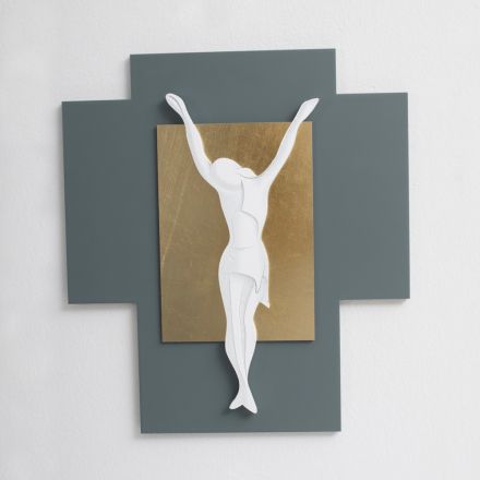 Crucifix gravat cu laser in pietris si foita de aur Made in Italy - Cornelia Viadurini
