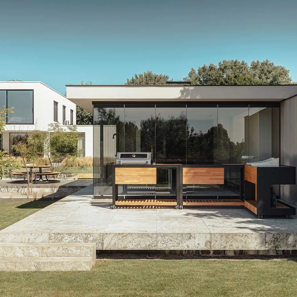 Bucătărie în aer liber 140x65x93 cm din tec solid și aluminiu - Convivial Viadurini