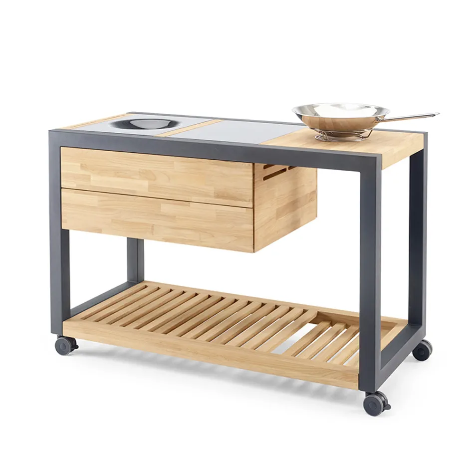 Bucătărie în aer liber 140x65x93 cm din tec solid și aluminiu - Convivial Viadurini