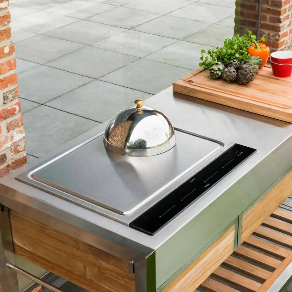 Bucătărie modernă de grădină în aer liber pe roți din lemn și oțel - Buoncalliope Viadurini