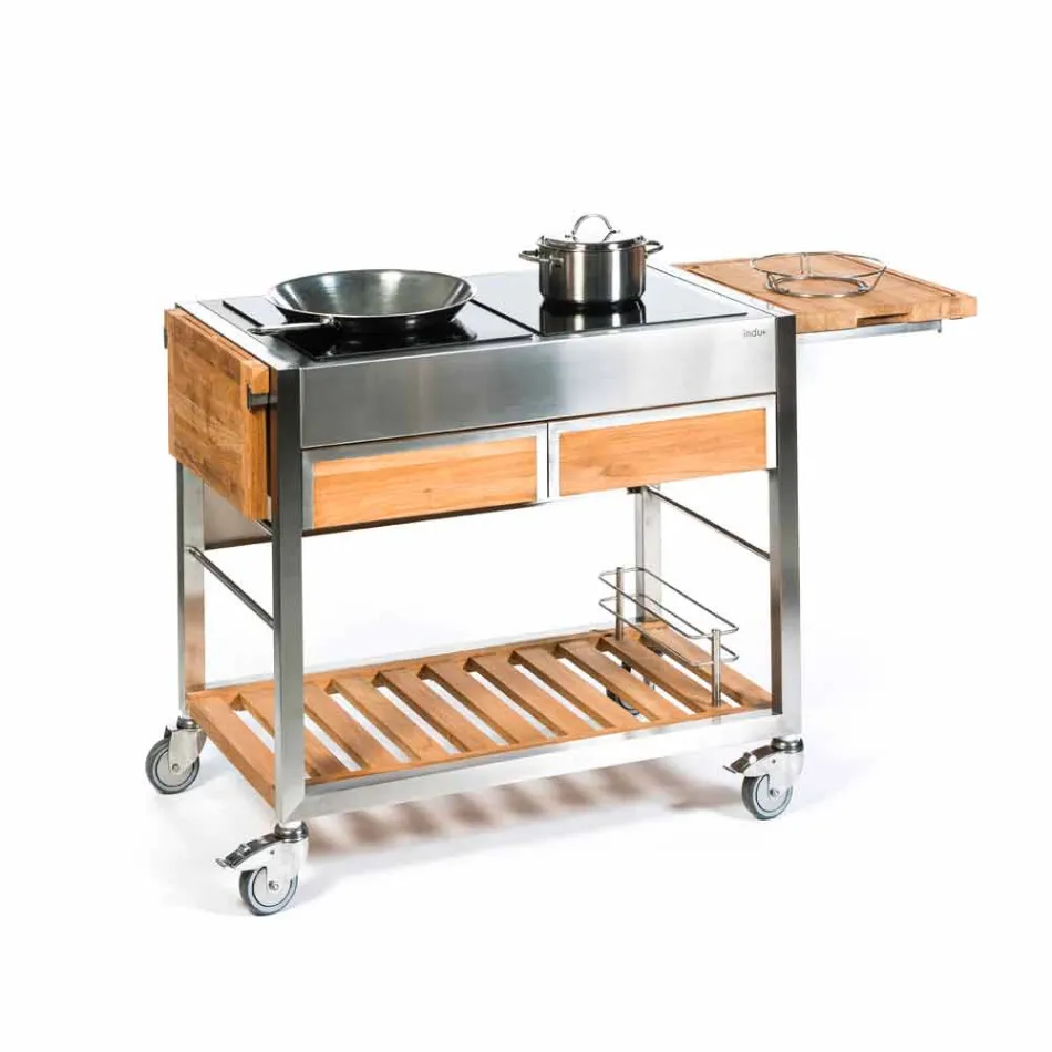 Bucătărie modernă de grădină în aer liber pe roți din lemn și oțel - Buoncalliope Viadurini