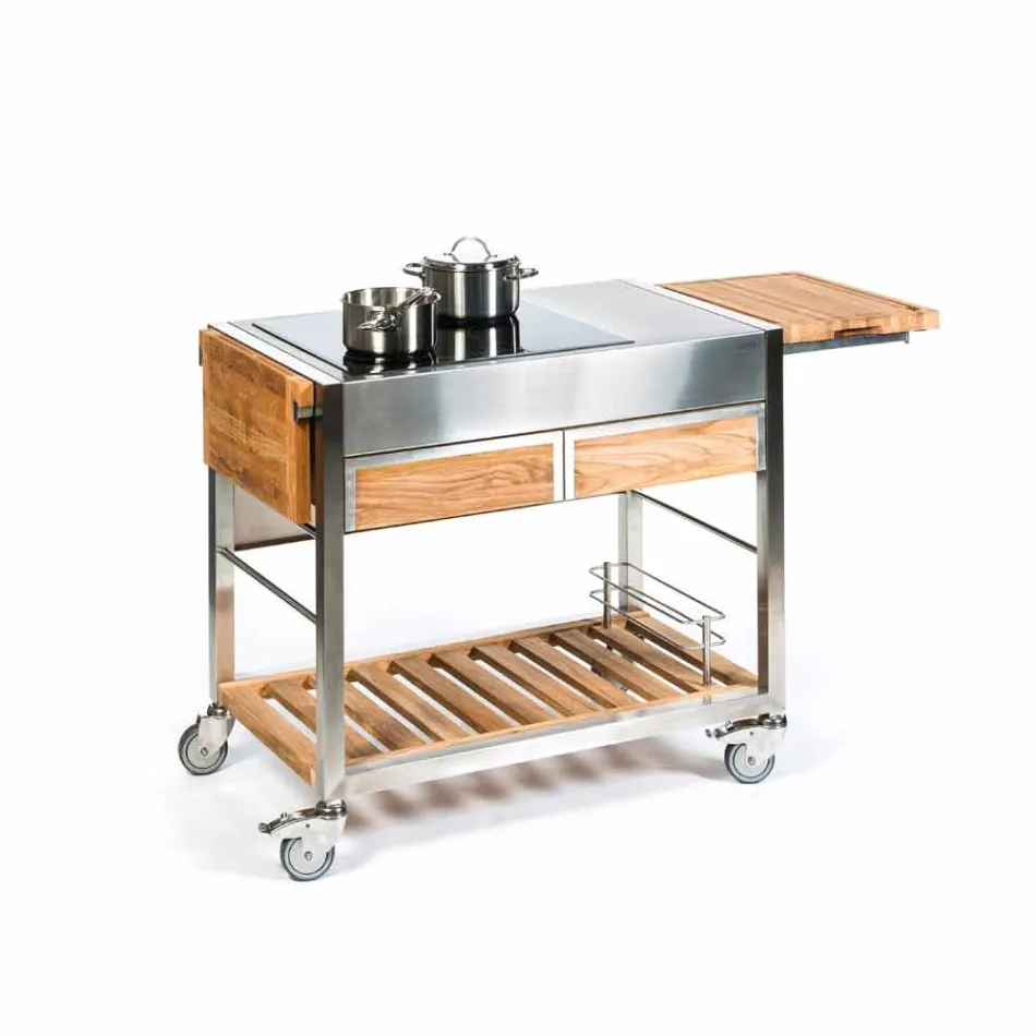 Bucătărie modernă de grădină în aer liber pe roți din lemn și oțel - Buoncalliope Viadurini