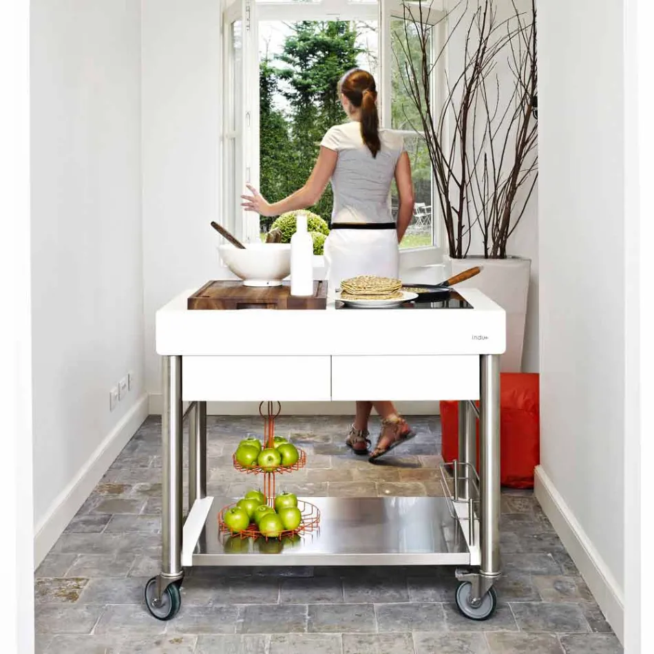 Bucătărie modernă pe roți pentru grădină în aer liber din lemn și oțel - Calliope Viadurini