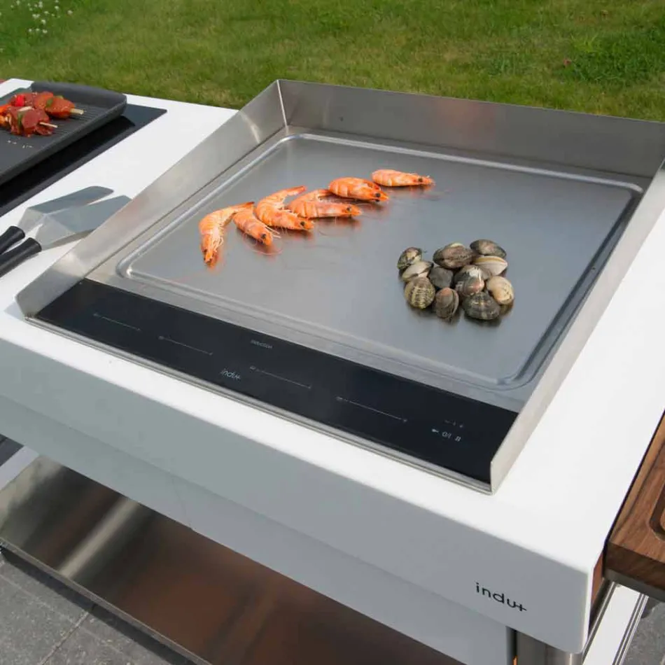 Bucătărie modernă pe roți pentru grădină în aer liber din lemn și oțel - Calliope Viadurini