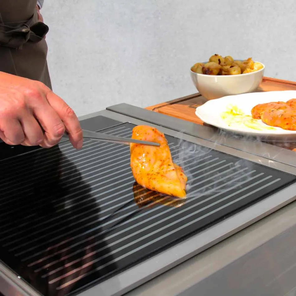 Bucătărie modernă pe roți pentru grădină în aer liber din lemn și oțel - Calliope Viadurini