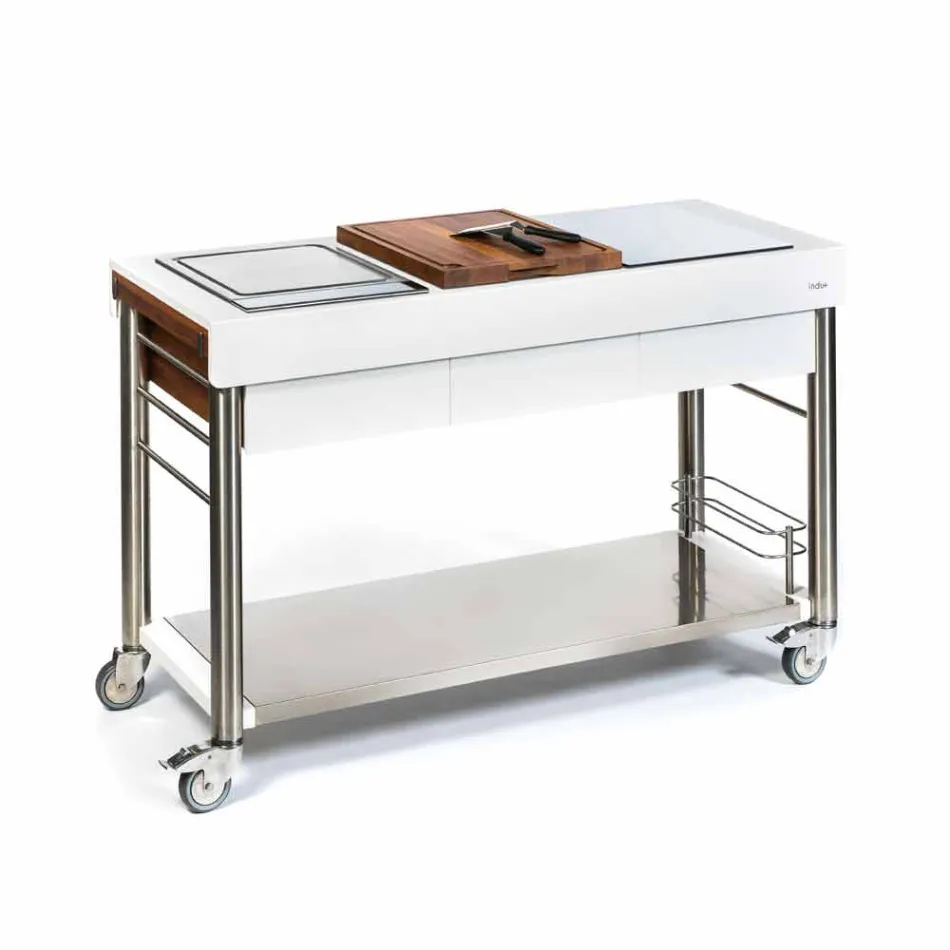 Bucătărie modernă pe roți pentru grădină în aer liber din lemn și oțel - Calliope Viadurini