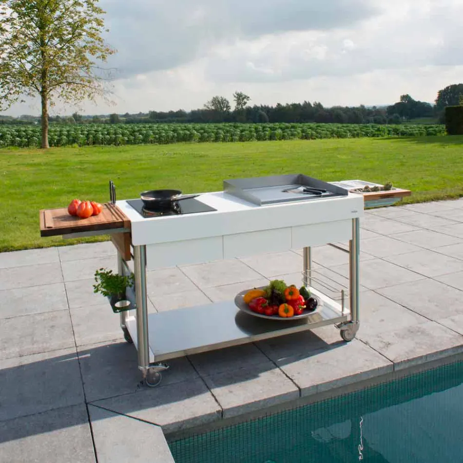 Bucătărie modernă pe roți pentru grădină în aer liber din lemn și oțel - Calliope Viadurini