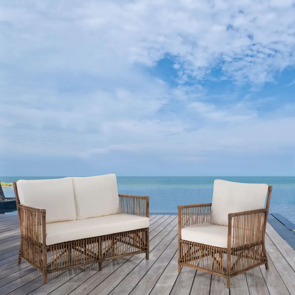 Canapea cu 2 locuri pentru exterior și interior din ratan și perne din bumbac 100% - Boire Viadurini