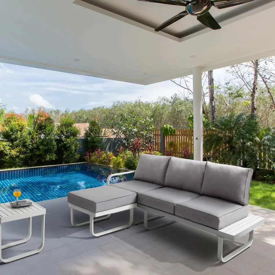 Canapea 3 locuri cu puf de grădină din aluminiu și perne gri - Avoir Viadurini