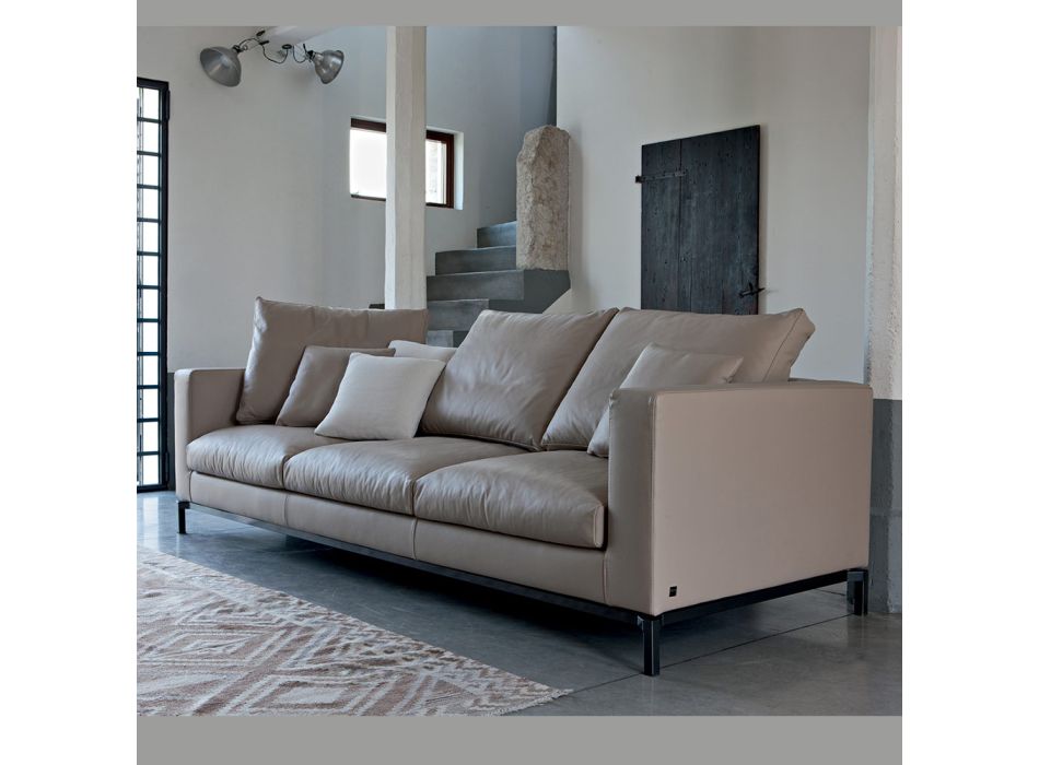 Canapea de living cu 3 locuri din piele, lemn si metal Made in Italy - Bizzarro Viadurini