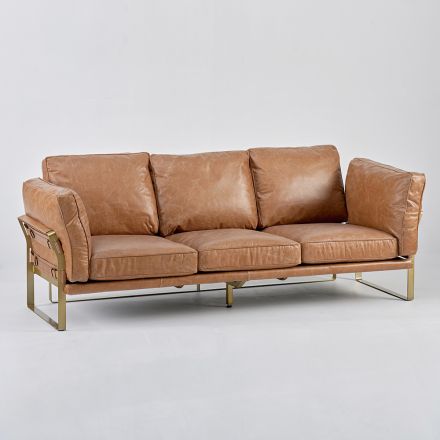 Canapea de living cu 3 locuri din piele naturala de culoare cognac si baza metalica - cedru Viadurini