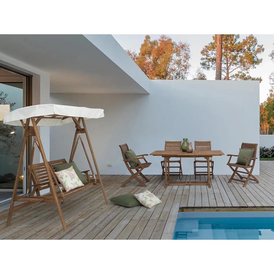 Canapea de gradina cu 2 locuri in balansoar din lemn de salcam cu panza alba - Roxen Viadurini