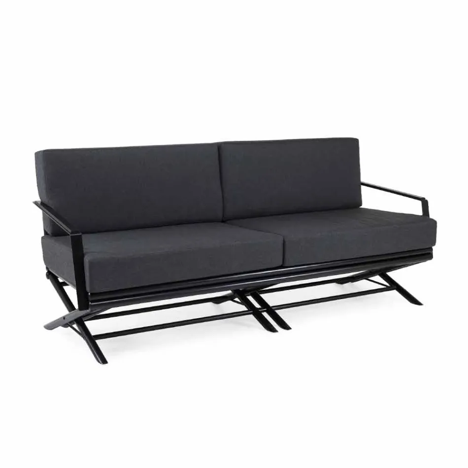 Canapea de exterior cu 3 locuri din lemn natural sau țesătură neagră și de lux - Suzana Viadurini