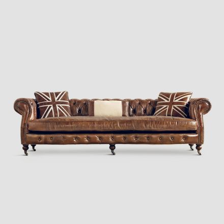 Canapea de sufragerie căptușită și îmbrăcată în piele naturală cu perne - Adelaide Viadurini