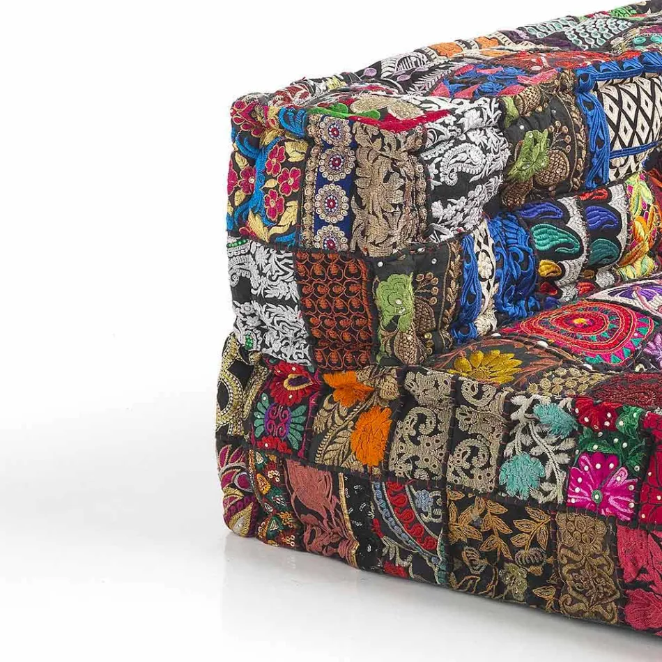 Canapea etnică cu două locuri căptușită în material patchwork și lemn - fibră Viadurini