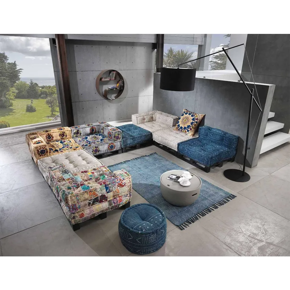 Canapea etnică cu două locuri căptușită în material patchwork și lemn - fibră Viadurini