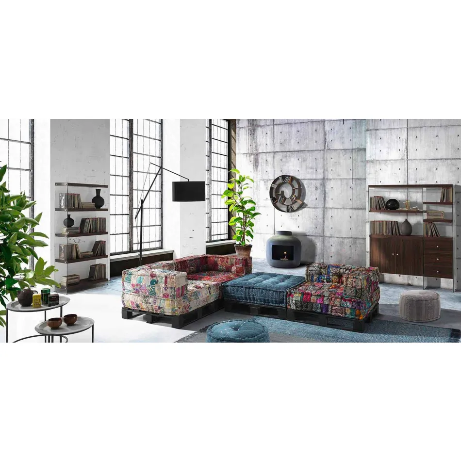 Canapea etnică cu două locuri căptușită în material patchwork și lemn - fibră Viadurini