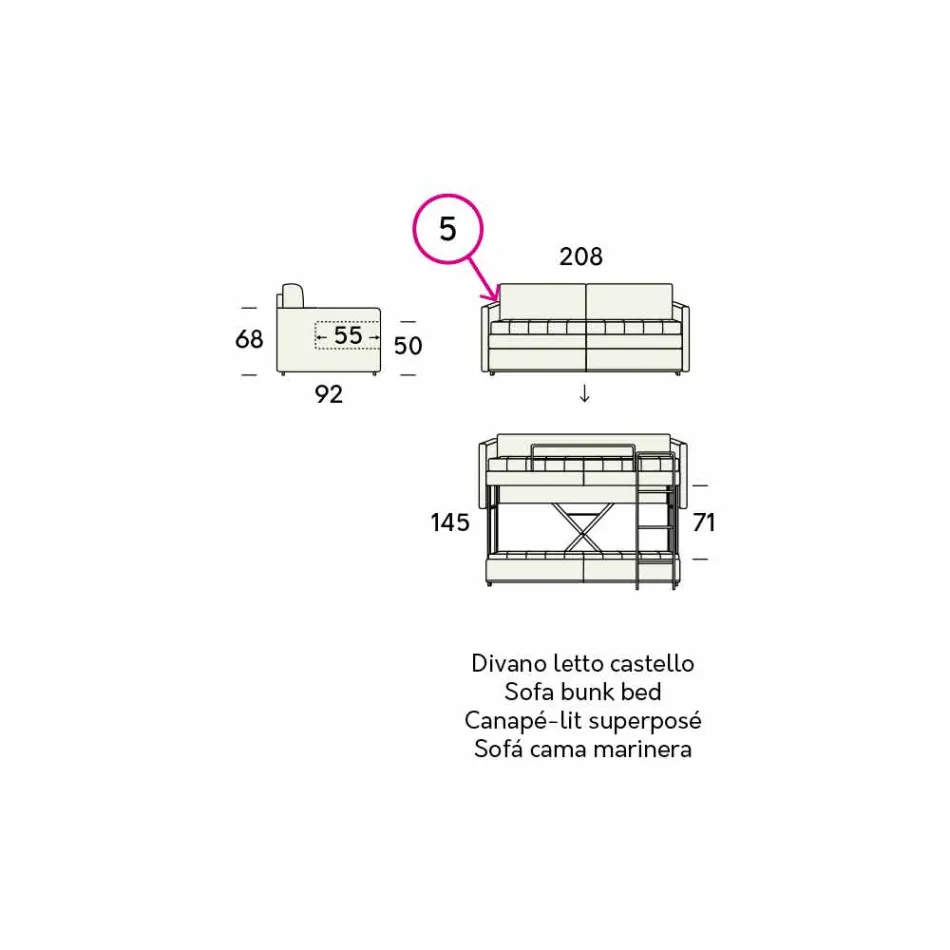 Canapea cu pat supraetajat design, acoperită din țesătură Made in Italy - Gretel Viadurini