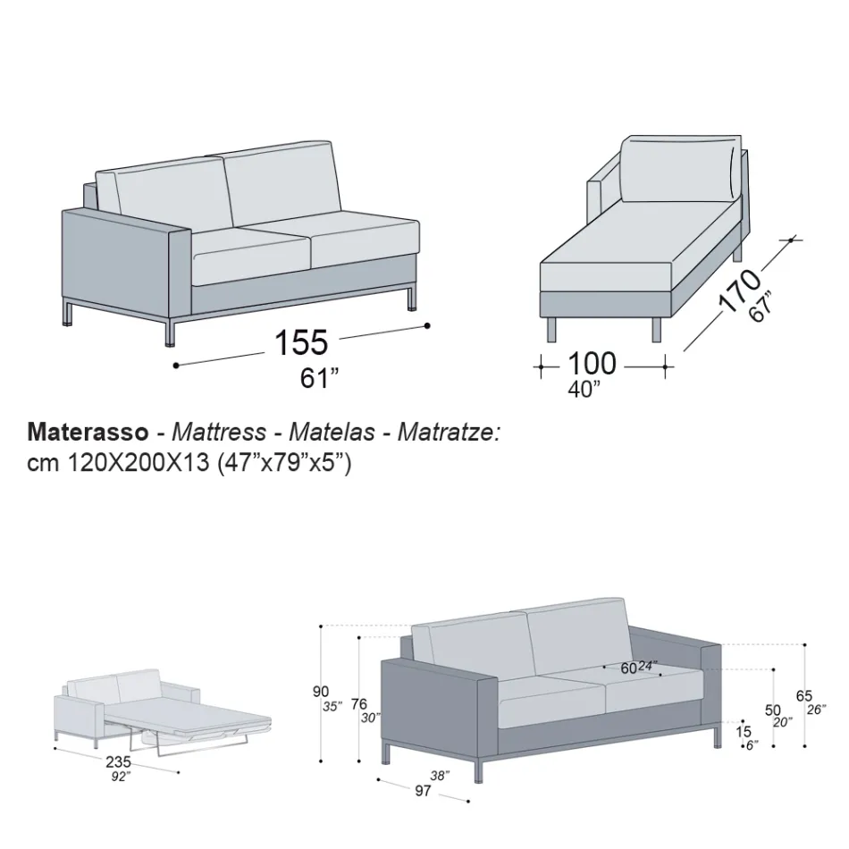 Canapea extensibila cu Peninsula din Metal si Poliuretan Made in Italy - Folle Viadurini