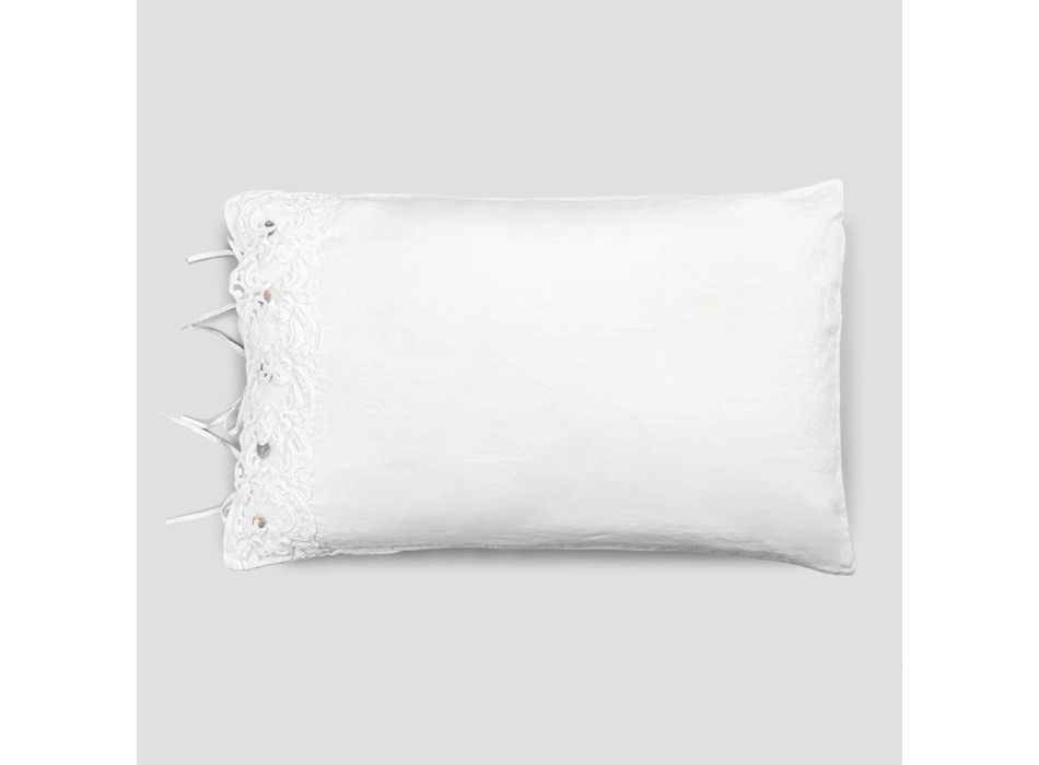 Fetă de pernă din in cu dantelă albă pentru pat cu design de lux Made in Italy - Kiss Viadurini