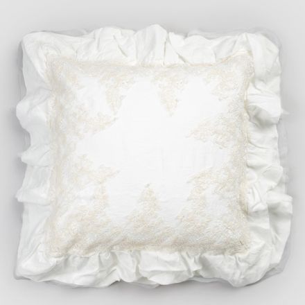 Fetă de pernă pătrată din in alb cu dantelă decorativă pe margini și volane - Priscilla Viadurini