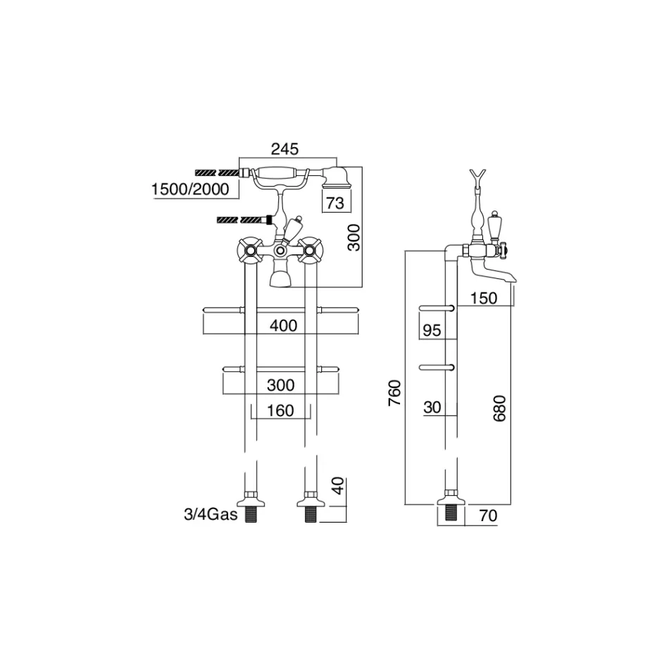 Cadă de baie pe podea cu suport pentru prosoape și duș manual Made in Italy - Torino Viadurini