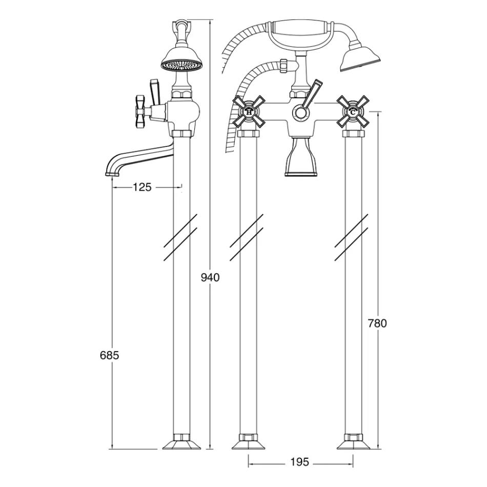 Made in Italy Grup cadă de baie cu podea din alamă, stil vintage - Silvana Viadurini