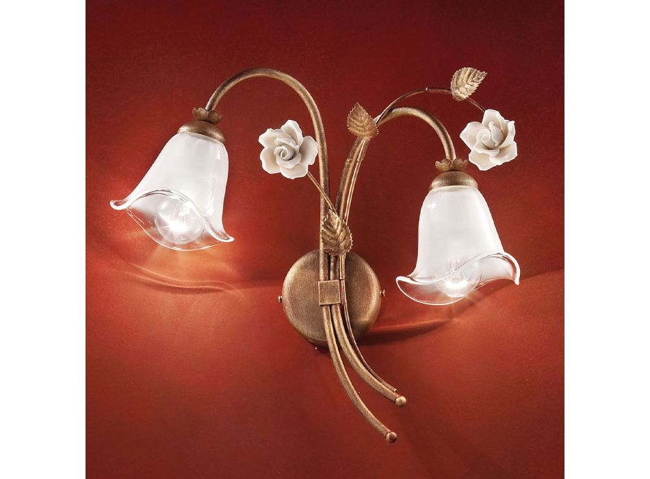 Aplica de Perete 2 Lumini din Fier si Sticla cu Trandafir din Ceramica - Siena Viadurini