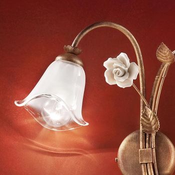 Aplica de Perete 2 Lumini din Fier si Sticla cu Trandafir din Ceramica - Siena