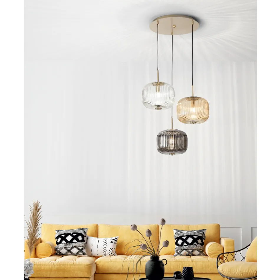 Lampa cu Suspensie 3 Lumini din Sticla Suflata Colorata si Metal - Trissa Viadurini