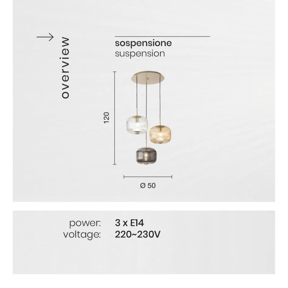 Lampa cu Suspensie 3 Lumini din Sticla Suflata Colorata si Metal - Trissa Viadurini