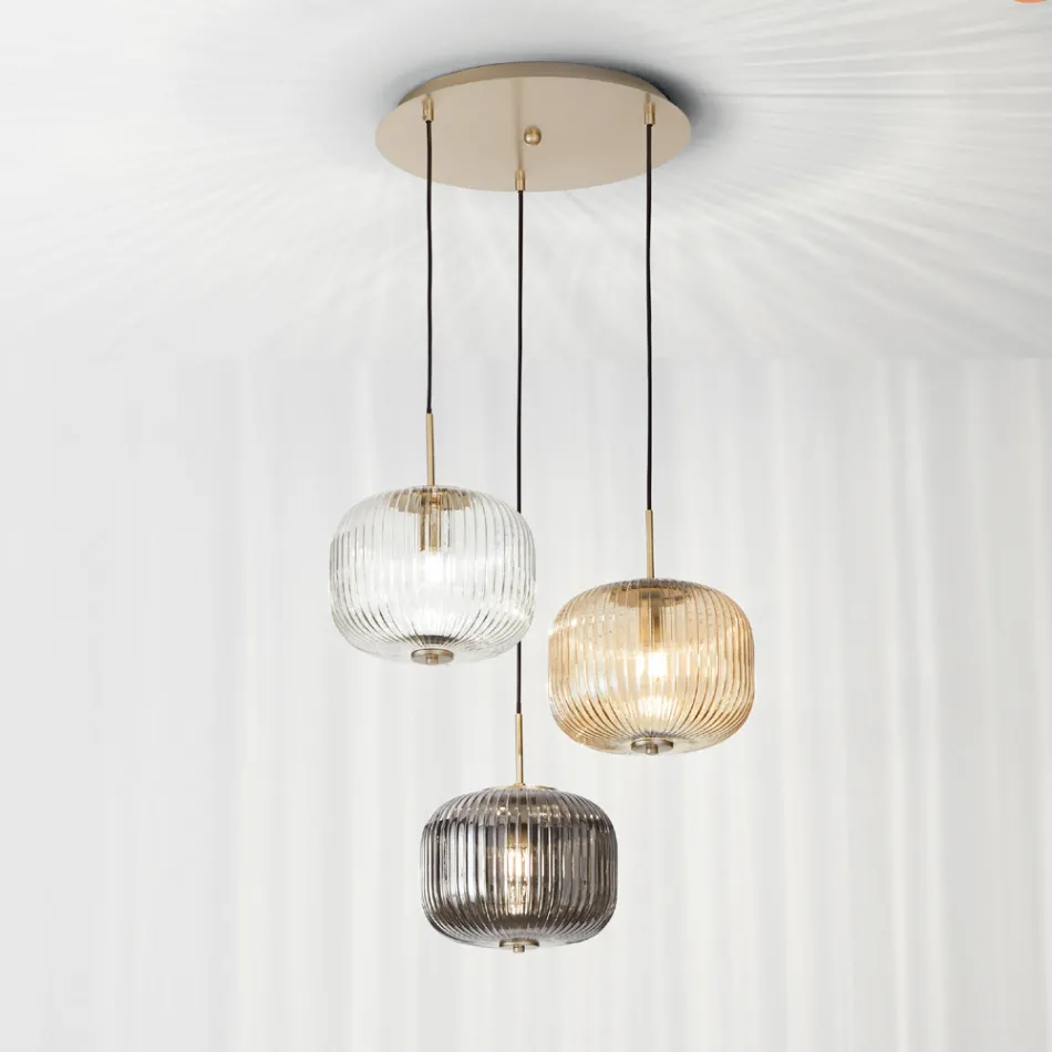 Lampa cu Suspensie 3 Lumini din Sticla Suflata Colorata si Metal - Trissa Viadurini