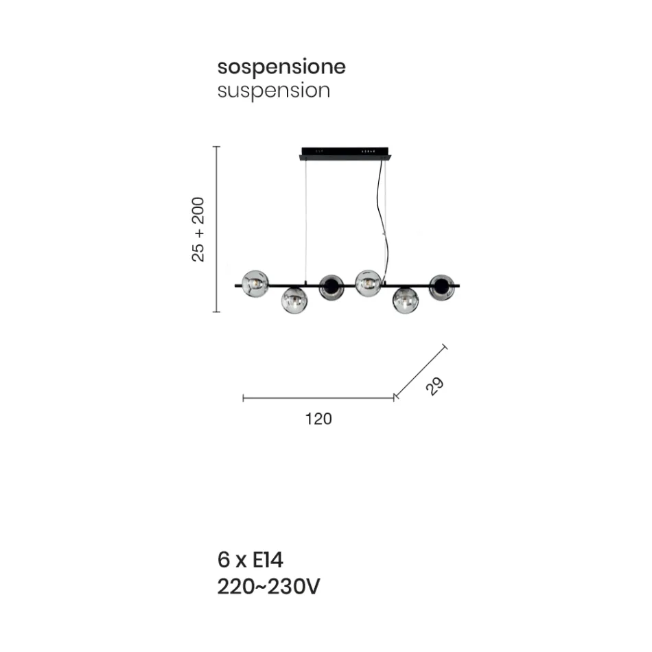 Suspensie cu 6 Lumini din Metal si Sticla Moderna Suflata - Birga Viadurini