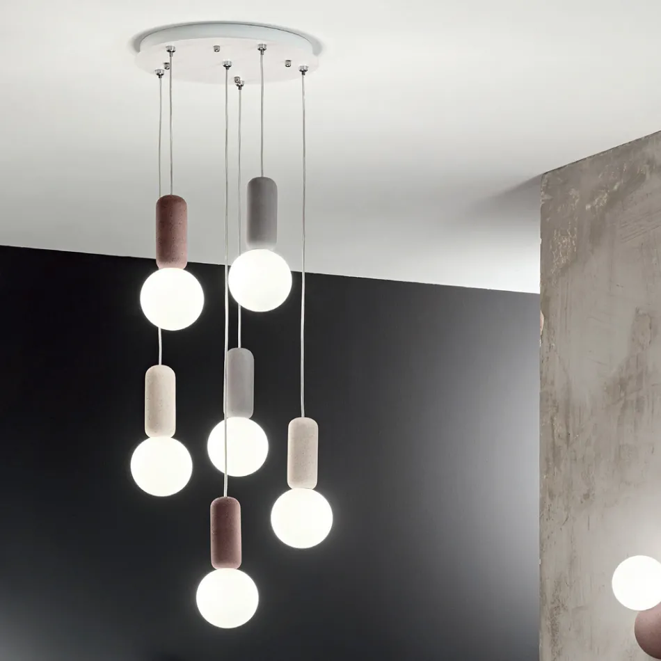 Lampa cu Suspensie cu 6 sau 10 Lumini din Ciment si Sticla Suflata - Duster Viadurini
