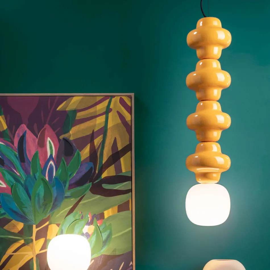 Lampa cu Suspensie cu 4 Elemente din Ceramica si Sticla Made in Italy - Capocabana Viadurini