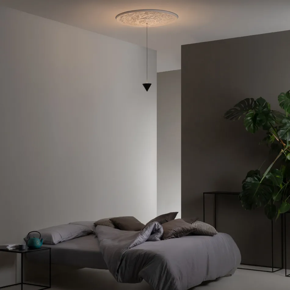 Lampa cu Suspensie Design Gips Alb si Aluminiu Negru 1 Con - Tesera Viadurini